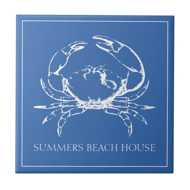 Coastal White Crab on Classic Blue Personalized Tile (Front)