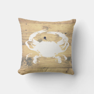 Coastal White Crab Silhouette & Wood Planks Throw Pillow