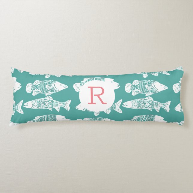 Coastal White Floral Fish Pattern & Sea Green Body Pillow (Front)