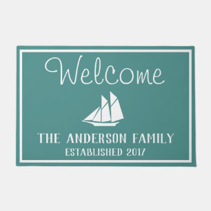 Coastal White Sailboat Silhouette & Sea Green Doormat