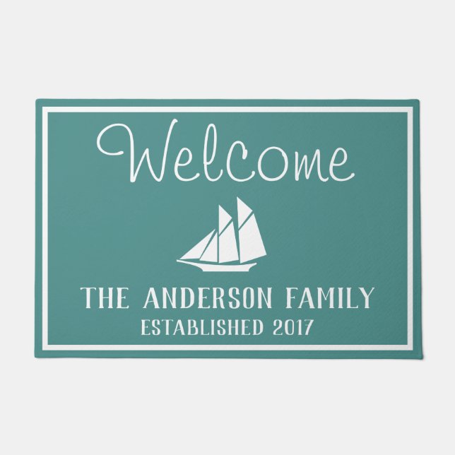 Coastal White Sailboat Silhouette & Sea Green Doormat (Front)