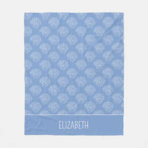 Coastal White Scallop Shells on Blue Personalized Fleece Blanket