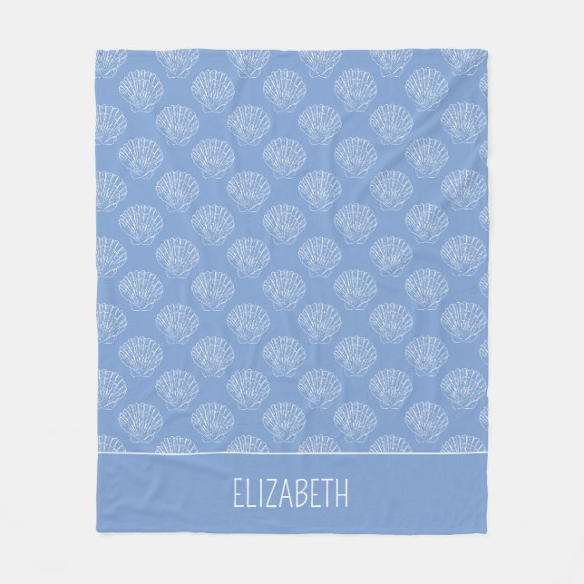 Coastal White Scallop Shells on Blue Personalized Fleece Blanket (Front)