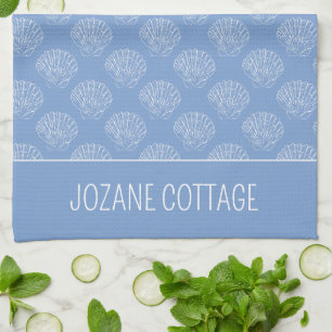 Coastal White Scallop Shells on Blue Personalized Kitchen Towel