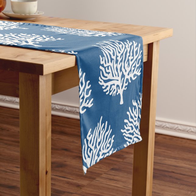 Coastal White Sea Coral & Blue Short Table Runner (In Situ)