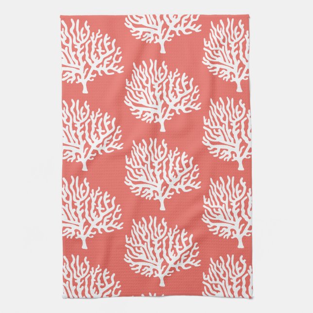 Coastal White Sea Coral & Coral Pink Kitchen Towel (Vertical)