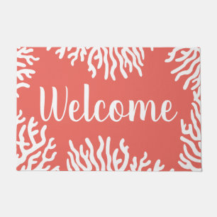 Coastal White Sea Coral & Coral Pink Welcome Doormat