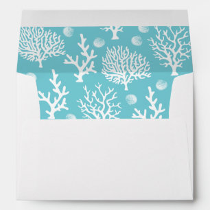 Coastal White Sea Coral & Cyan Blue Wedding Envelope