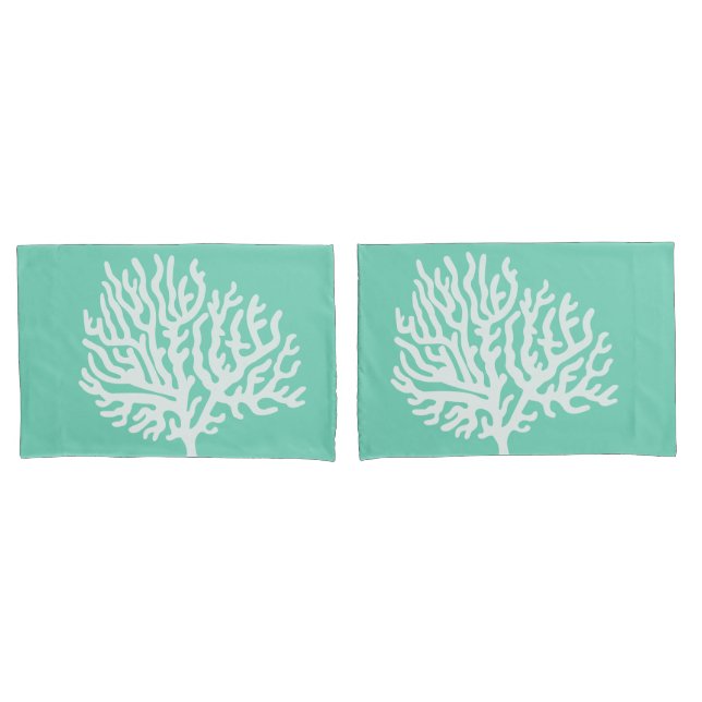 Coastal White Sea Coral & Sea Glass Green Pillowcase (Front-Set)