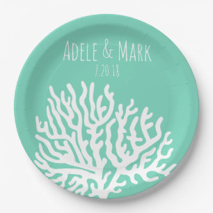 Coastal White Sea Coral Sea Glass Green Wedding Paper Plate