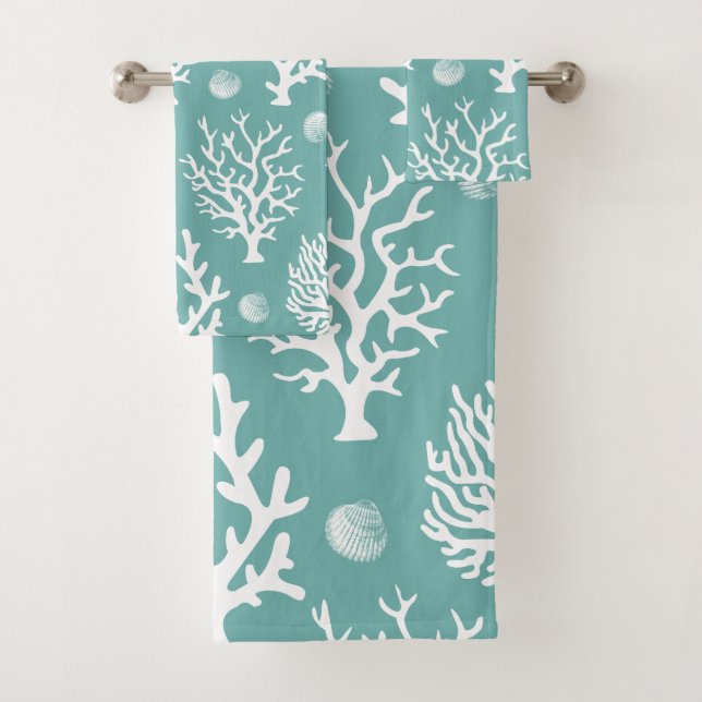 Coastal White Sea Coral & Sea Green Bath Towel Set (Insitu)