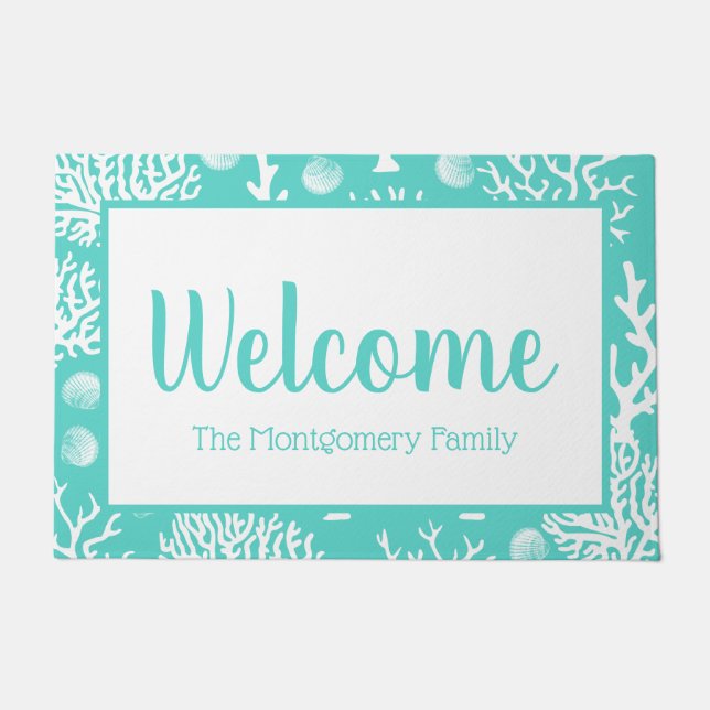 Coastal White Sea Corals & Seashells | Family Name Doormat (Front)