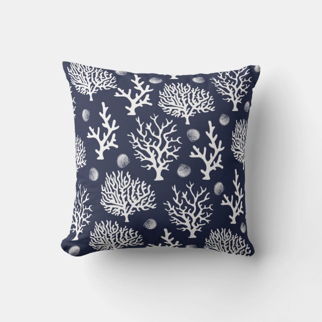 Coastal White Sea Corals & Seashells Navy Blue Throw Pillow (Front)