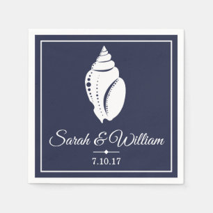 Coastal White Seashell & Navy Blue   Personalized Napkin