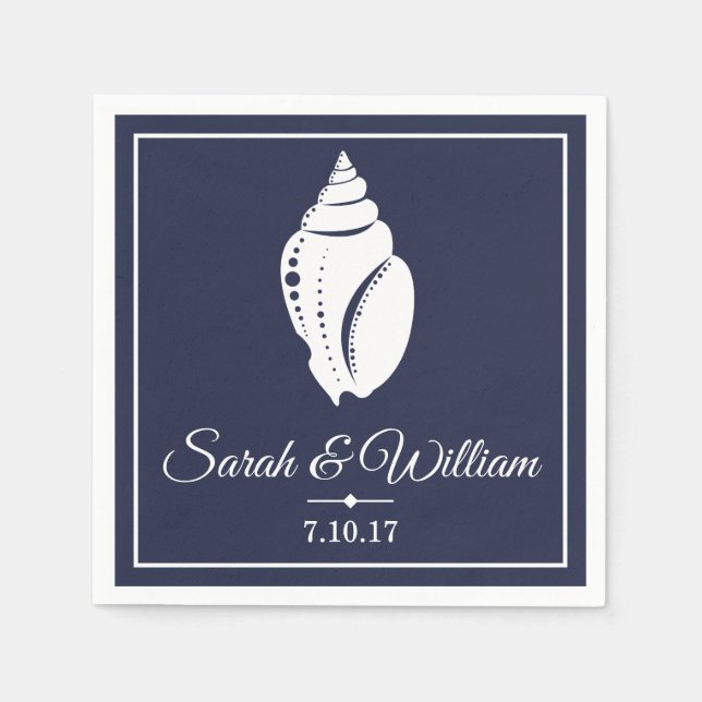 Coastal White Seashell & Navy Blue | Personalized Napkin (Front)