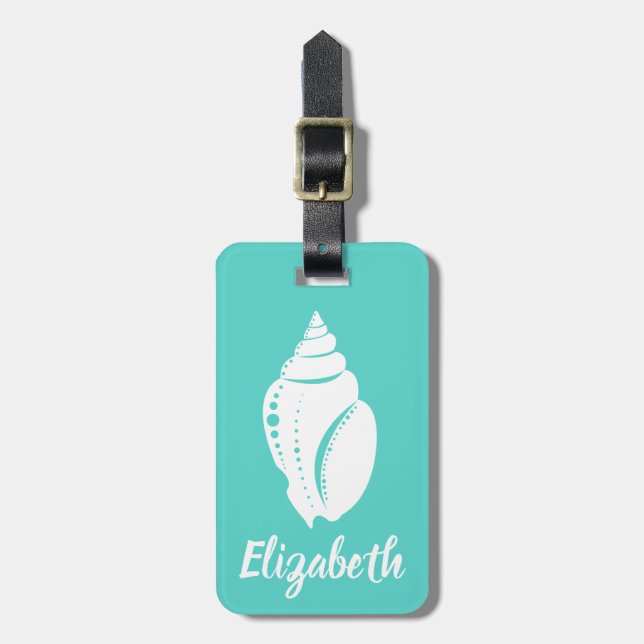 Coastal White Seashell & Sea Green | Personalized Luggage Tag (Front Vertical)
