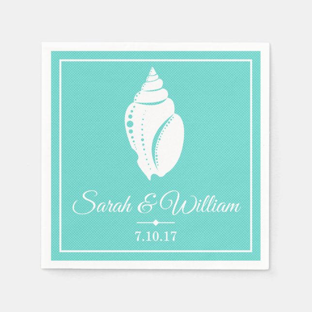 Coastal White Seashell & Sea Green | Personalized Napkin (Front)