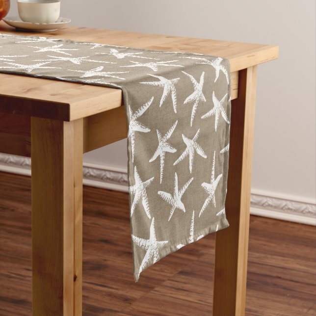 Coastal White Starfish & Faux Burlap Short Table Runner (In Situ)