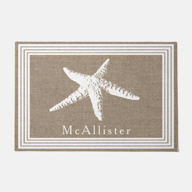Coastal White Starfish Lines Frame & Faux Burlap Doormat (Front)