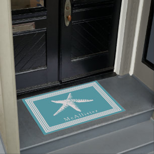Coastal White Starfish Lines Frame & Sea Blue Doormat