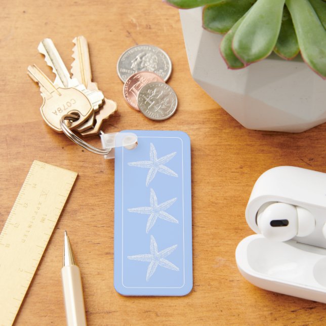 Coastal White Starfish on Blue Personalized Keychain (Desk)