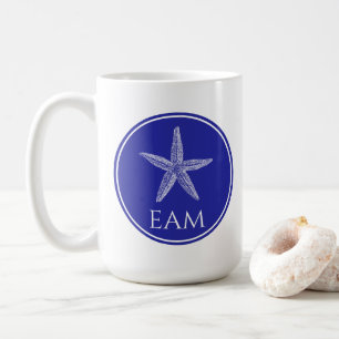 Coastal White Starfish on Navy Blue Monogram Coffee Mug