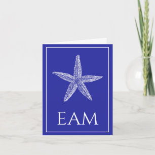 Coastal White Starfish on Navy Blue Monogram Note Card
