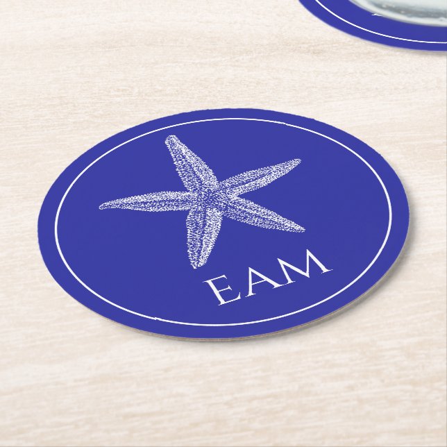 Coastal White Starfish on Navy Blue Monogram Round Paper Coaster (Angled)