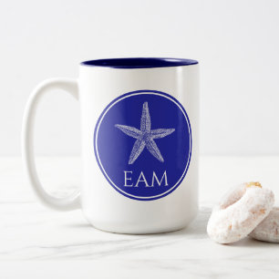 Coastal White Starfish on Navy Blue Monogram Two-Tone Coffee Mug