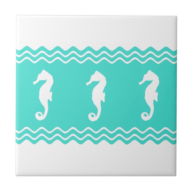 Coastal White Turquoise Ocean Seahorses Tile (Front)