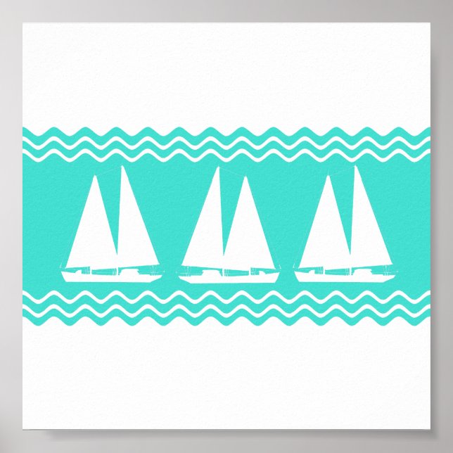 Coastal White Turquoise Stripe Sailboat Pattern Poster (Front)