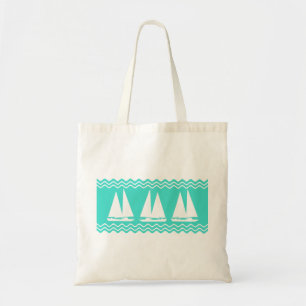 Coastal White Turquoise Stripe Sailboat Pattern Tote Bag