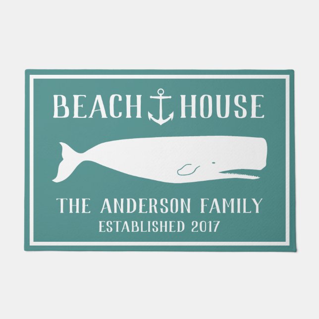 Coastal White Whale & Anchor Beach House Sea Green Doormat (Front)