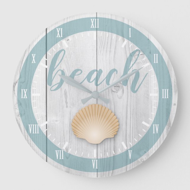 Coastal White Wood Print Seashell & Seaglass Blue Large Clock (Front)