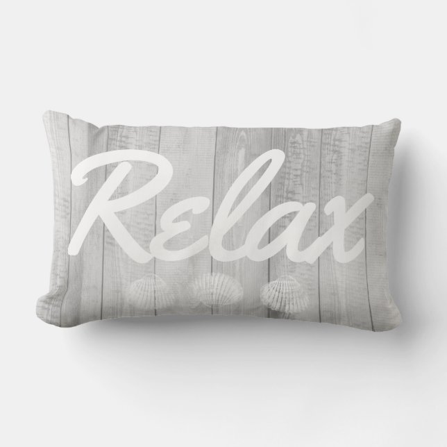 Coastal White Wood & Seashells Relax Lumbar Pillow (Front)
