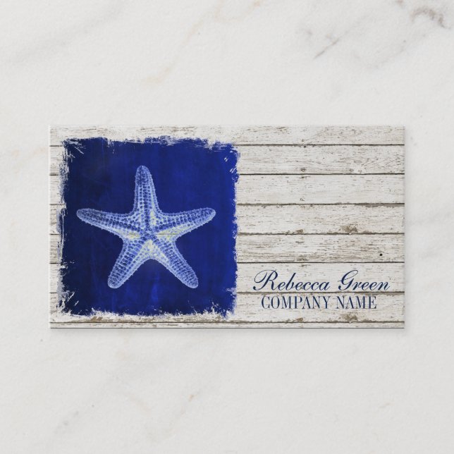 coastal whitewashed wood nautical blue starfish business card (Front)