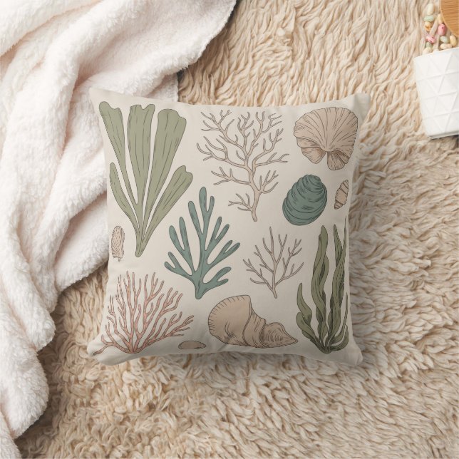 Coastal Wildlife & Seaweed Botanical Art | Vintage Throw Pillow (Blanket)