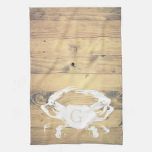 Coastal Wood Planks & White Crab   Monogram Kitchen Towel