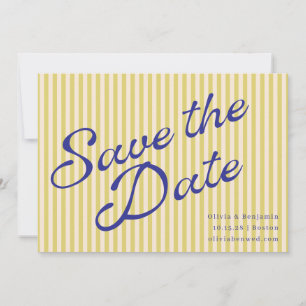 Coastal Yellow Blue Retro Stripe Wedding Script Save The Date