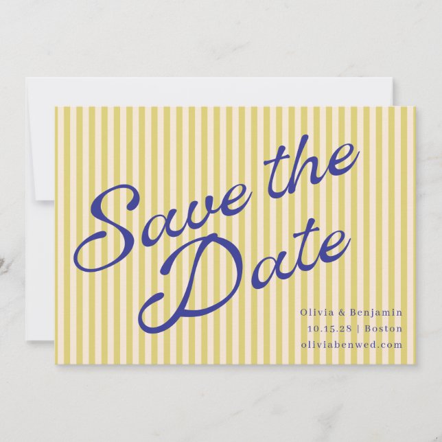 Coastal Yellow Blue Retro Stripe Wedding Script Save The Date (Front)
