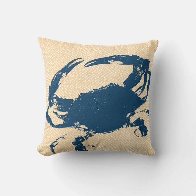 Coastal Yellow Herringbone & Blue Crab Throw Pillow (Front)