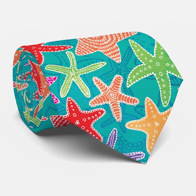 Coastal Yellow Pink Green Starfish Pattern Tie (Rolled)