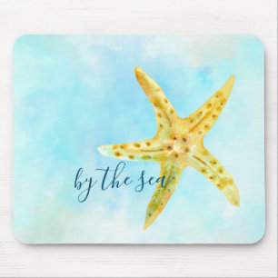 Coastal Yellow Starfish Aqua Watercolor Mouse Pad