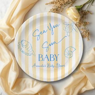 Coastal Yellow Stripes Sea You Soon Baby Shower Paper Plate