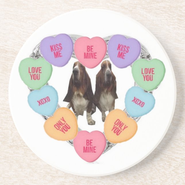 Coaster Candy Love Hearts With Bassets (Front)