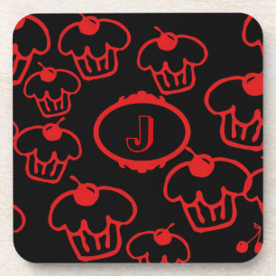 Coaster Set of 6, Monogram, Red Cupcakes on Black