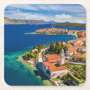 Coastline   Korcula Town, Korcula Island, Croatia Square Paper Coaster