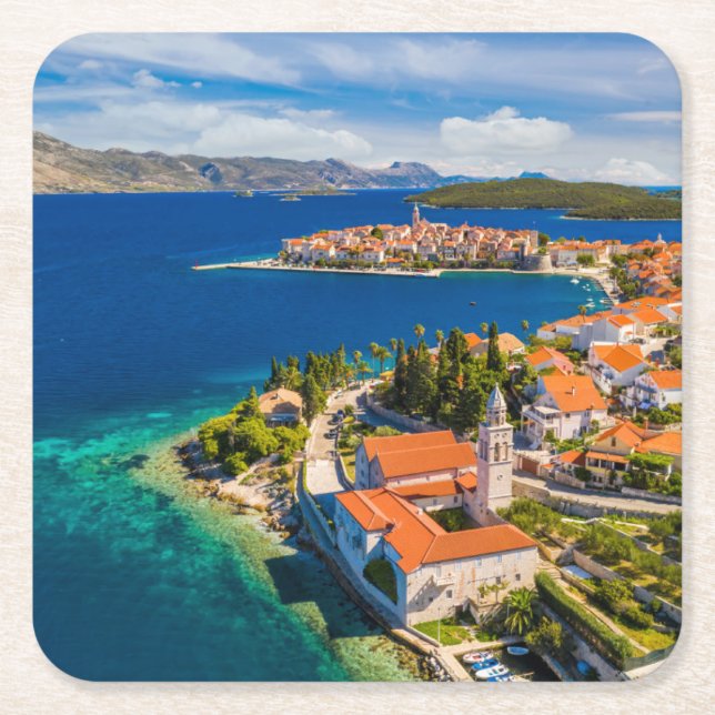 Coastline | Korcula Town, Korcula Island, Croatia Square Paper Coaster (Front)