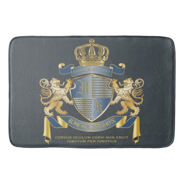 Coat of Arms Metallic Blue Gold Lion Ombre Emblem Bath Mat (Front)