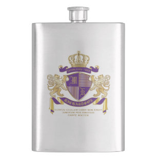 Coat of Arms Monogram Emblem Golden Lion Shield Hip Flask